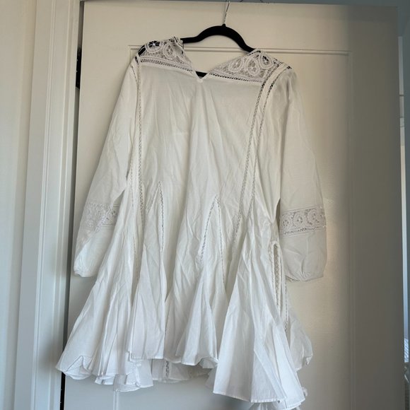 Rhode Ella Blouson Mini Dress Flared Embroidered Accent Braided Belt White - Picture 8 of 9